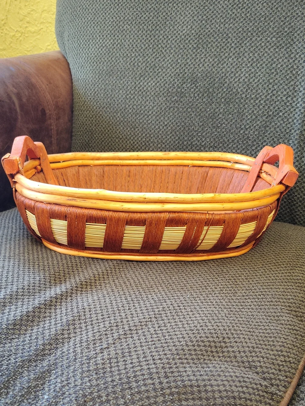 Handwoven Brown and Natural Wicker Basket with Handles